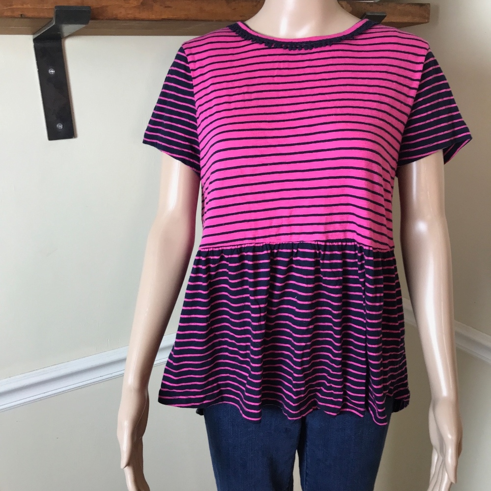 Crown & Ivy Navy Hot Pink Striped Babydoll Top Med
